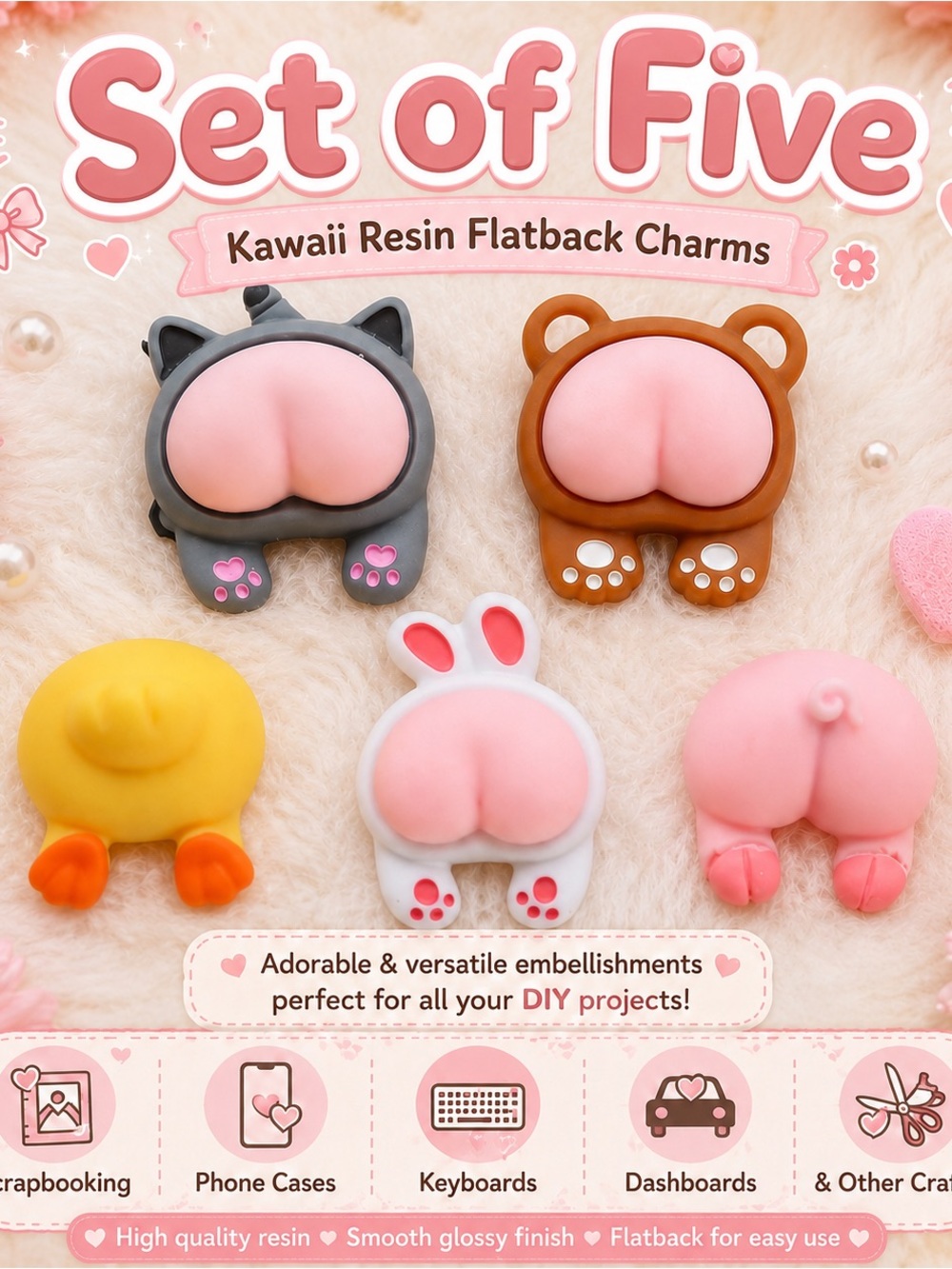 Kawaii Resin Flatback Charms Set of Five - Pink & Multi